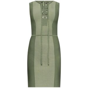 BCBGMAXAZRIA Olive Green Colorblock Lace Up Bandage Midi Dress Sleeveless Medium